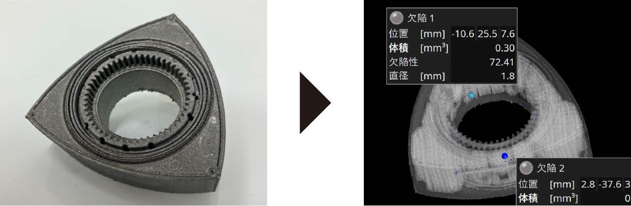 画像：内部発生したボイド（気泡・巣）の体積や分布を比較し、強度不足の要因を検証する様子を示した図解