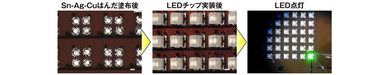 画像：Sn-Ag-Cuはんだ塗布されたLEDチップの実装画像